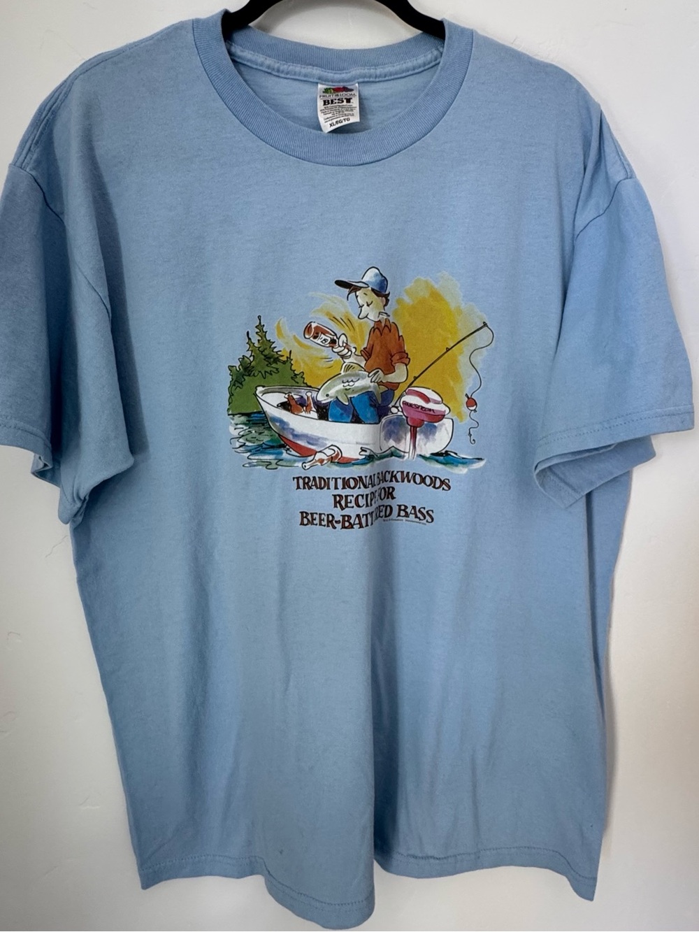 Vintage 90s Fruit of the Loom Beer Bass Fishing Novelty Graphic Finkstrom Tee XL